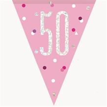 Pink and Silver Holographic 50th Birthday Flag Banner | Bunting | Decoration