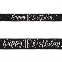 Black and Silver Holographic 16th Birthday Foil Banner | Decoration