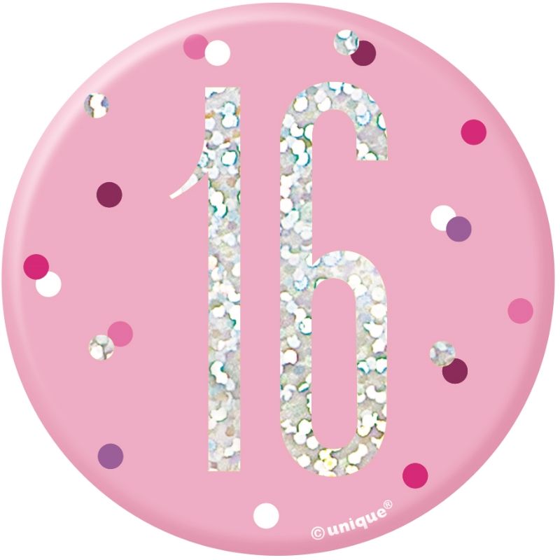 Pink and Silver Holographic 16th Birthday Badge