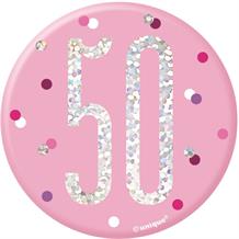 Pink and Silver Holographic 50th Birthday Badge