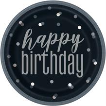 Black and Silver Holographic Happy Birthday 23cm Party Plates