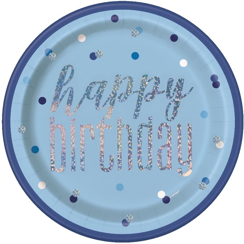 Blue and Silver Holographic Happy Birthday 23cm Party Plates
