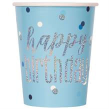 Blue and Silver Holographic Happy Birthday Party Cups