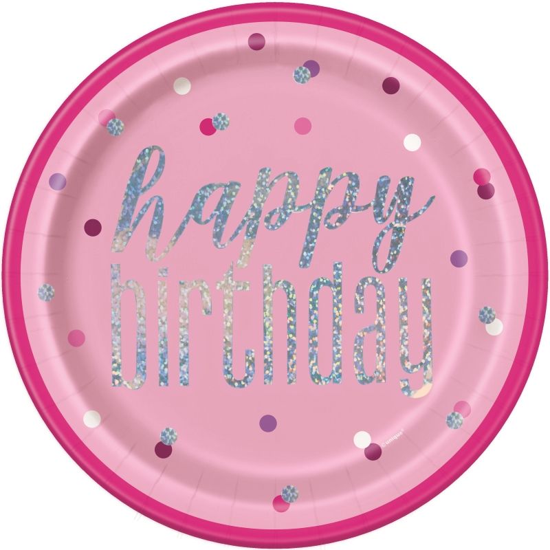 Pink and Silver Holographic Happy Birthday 23cm Party Plates