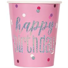 Pink and Silver Holographic Happy Birthday Party Cups