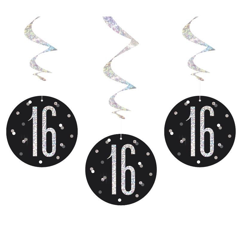 Black and Silver Holographic 16th Birthday Hanging Swirl Party Decorations