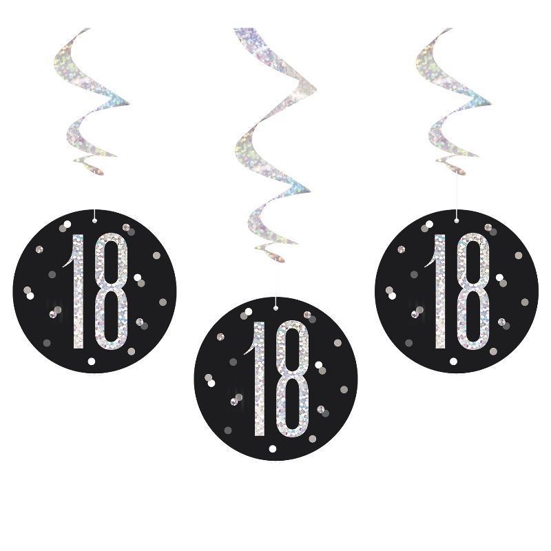 Black and Silver Holographic 18th Birthday Hanging Swirl Party Decorations