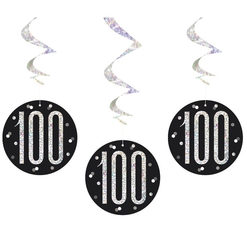Black and Silver Holographic 100th Birthday Hanging Swirl Party Decorations