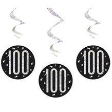 Black and Silver Holographic 100th Birthday Hanging Swirl Party Decorations