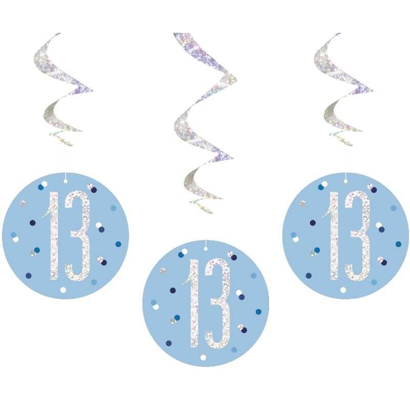 Blue and Silver Holographic 13th Birthday Hanging Swirl Party Decorations