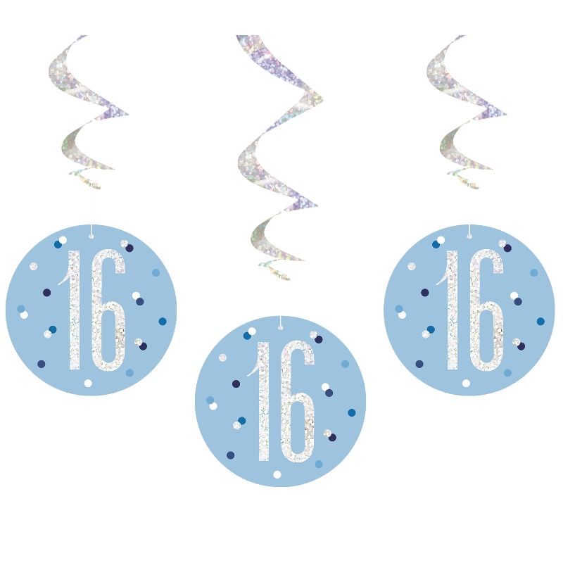 Blue and Silver Holographic 16th Birthday Hanging Swirl Party Decorations
