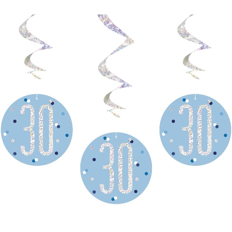 Blue and Silver Holographic 30th Birthday Hanging Swirl Party Decorations