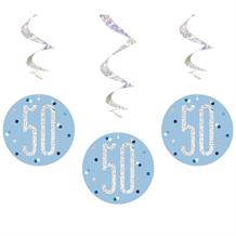 Blue and Silver Holographic 50th Birthday Hanging Swirl Party Decorations