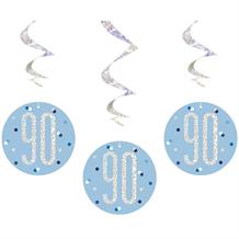 Blue and Silver Holographic 90th Birthday Hanging Swirl Party Decorations