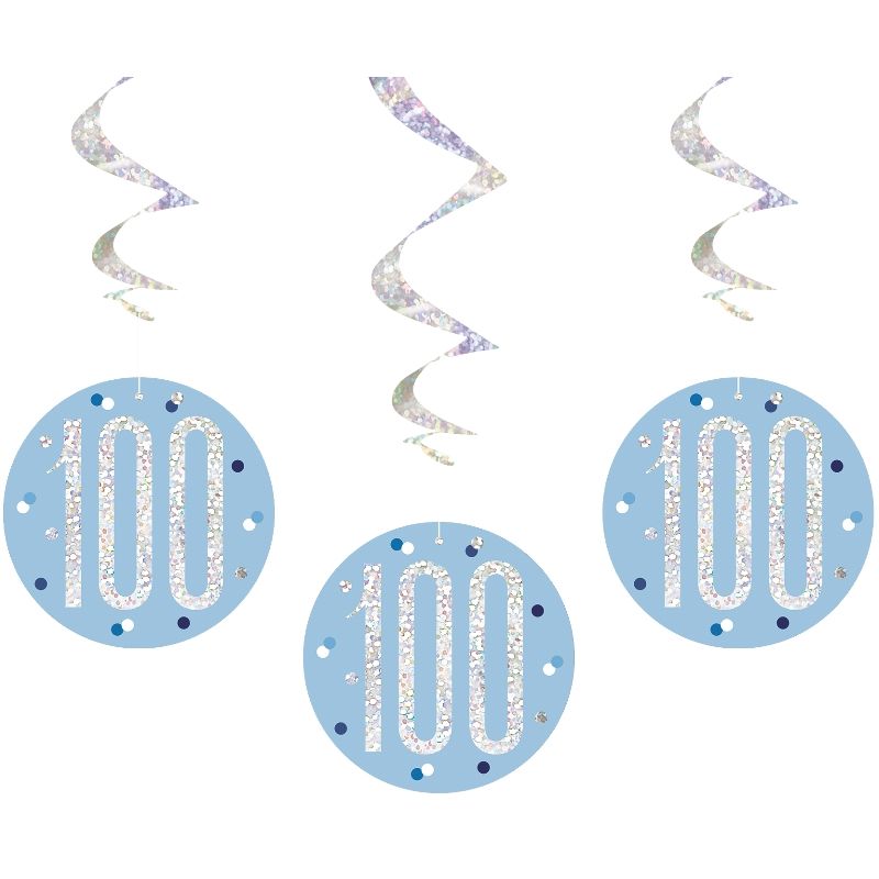Blue and Silver Holographic 100th Birthday Hanging Swirl Party Decorations