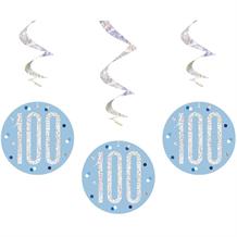 Blue and Silver Holographic 100th Birthday Hanging Swirl Party Decorations
