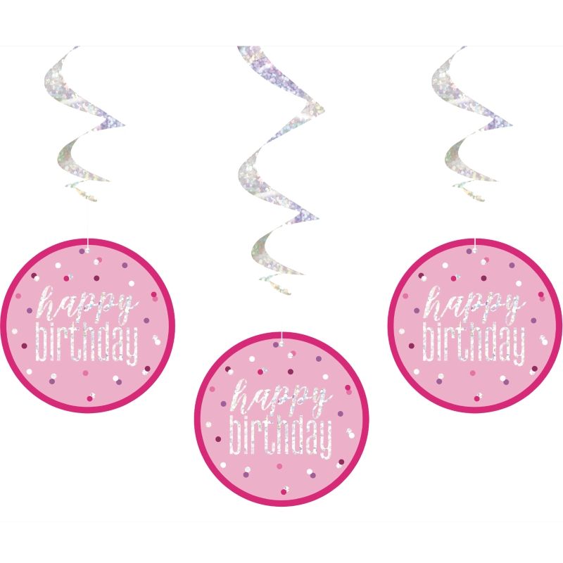Pink and Silver Holographic Happy Birthday Hanging Swirl Party Decorations