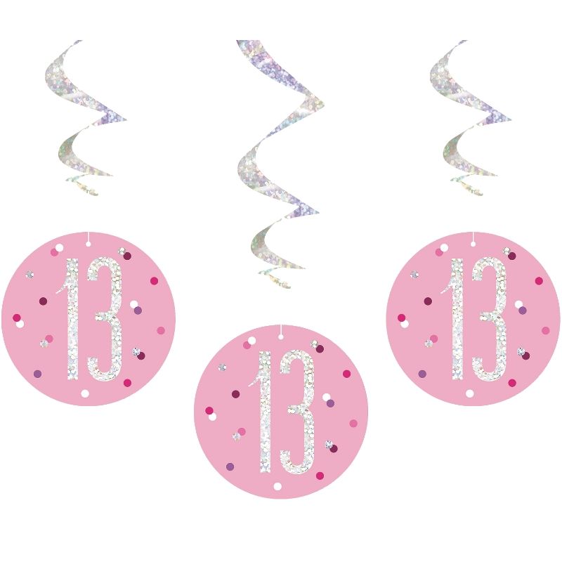 Pink and Silver Holographic 13th Birthday Hanging Swirl Party Decorations