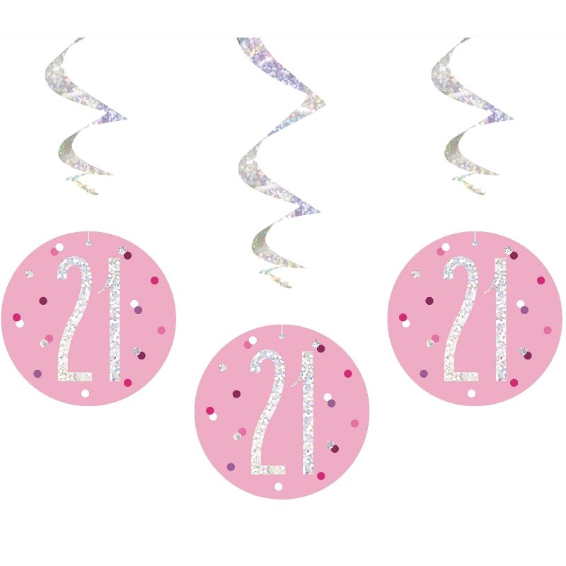 Pink and Silver Holographic 21st Birthday Hanging Swirl Party Decorations