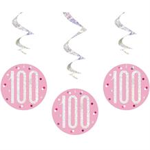Pink and Silver Holographic 100th Birthday Hanging Swirl Party Decorations