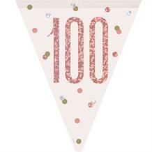 Rose Gold Holographic 100th Birthday Flag Banner | Bunting | Decoration