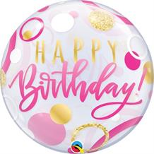Pink and Gold Dots Happy Birthday 22" Qualatex Bubble Party Balloon