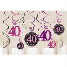 Pink Sparkle 40th Birthday Hanging Swirl Decorations