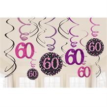 Pink Sparkle 60th Birthday Hanging Swirl Decorations