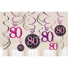 Pink Sparkle 80th Birthday Hanging Swirl Decorations