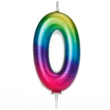 Rainbow Coloured Metallic Number 0 Candle | Party Save Smile
