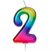 Rainbow Coloured Metallic Number 2 Birthday Cake Candle | Decoration
