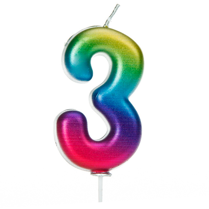 Rainbow Coloured Metallic Number 3 Candle | Party Save Smile