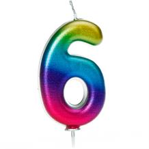 Rainbow Coloured Metallic Number 6 Candle | Party Save Smile