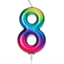 Rainbow Coloured Metallic Number 8 Candle | Party Save Smile