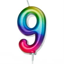 Rainbow Coloured Metallic Number 9 Candle | Party Save Smile