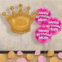 Gold Glittering Crown Giant Balloon with 3 Balloon Bouquet Inflated Balloon in a Box (Happy Birthday Mum)