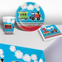 All Aboard | Train 1st Birthday Party 8 to 48 Guest Starter Party Pack - Tablecover | Cups | Plates | Napkins