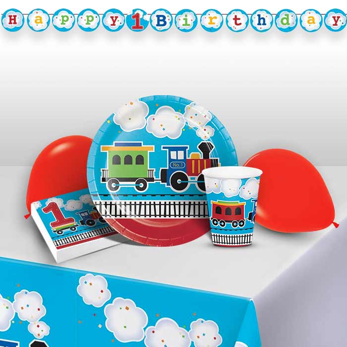All Aboard | Train 1st Birthday Party 8 to 48 Guest Premium Party Pack - Tableware | Balloons | Decoration