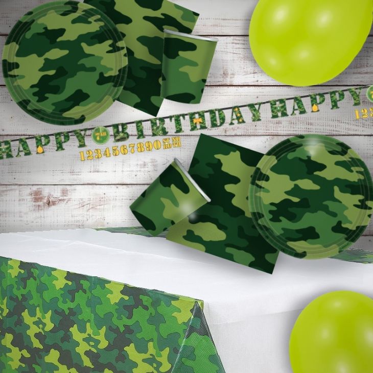 army green camouflage birthday bunting & assorted mix tank balloons pack of 5