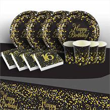 Black and Gold Sparkling 16th Birthday Party 8 to 48 Guest Starter Party Pack - Tablecover | Cups | Plates | Napkins