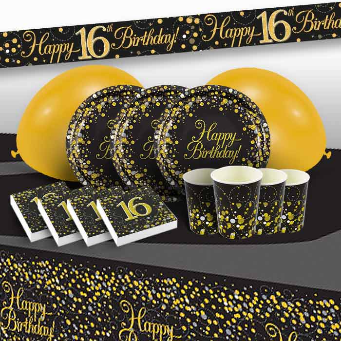 Black and Gold Sparkling 16th Birthday Party 8 to 48 Guest Premium Party Pack - Tableware | Balloons | Decoration