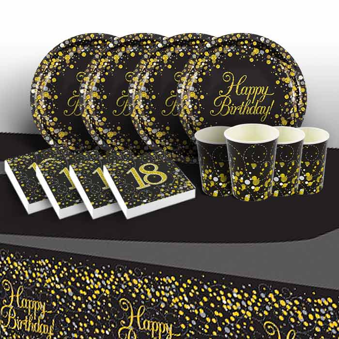 Black and Gold Sparkling 18th Birthday Party 8 to 48 Guest Starter Party Pack - Tablecover | Cups | Plates | Napkins