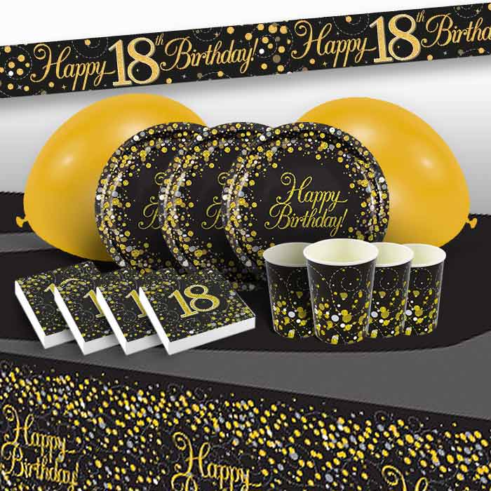 Black and Gold Sparkling 18th Birthday Party 8 to 48 Guest Premium Party Pack - Tableware | Balloons | Decoration