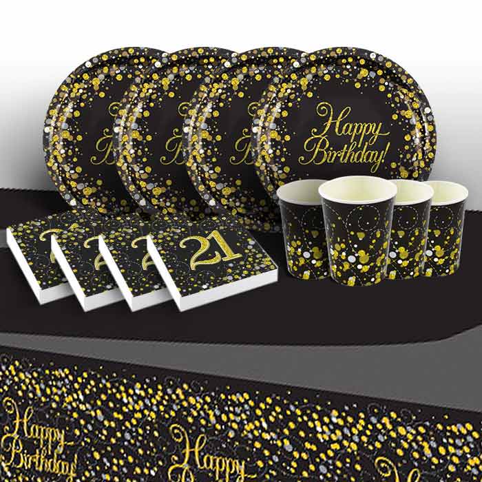 Black and Gold Sparkling 21st Birthday Party 8 to 48 Guest Starter Party Pack - Tablecover | Cups | Plates | Napkins