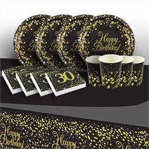 Black and Gold Sparkling 30th Birthday Party 8 to 48 Guest Starter Party Pack - Tablecover | Cups | Plates | Napkins