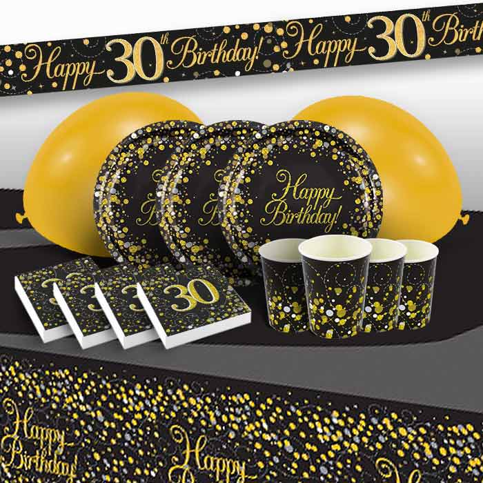 Black and Gold Sparkling 30th Birthday Party 8 to 48 Guest Premium Party Pack - Tableware | Balloons | Decoration