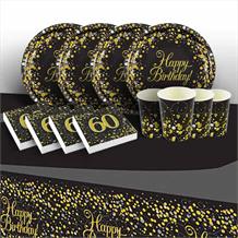 Black and Gold Sparkling 60th Birthday Party 8 to 48 Guest Starter Party Pack - Tablecover | Cups | Plates | Napkins