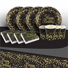 Black and Gold Sparkling Happy Birthday Party 8 to 48 Guest Starter Party Pack - Tablecover | Cups | Plates | Napkins