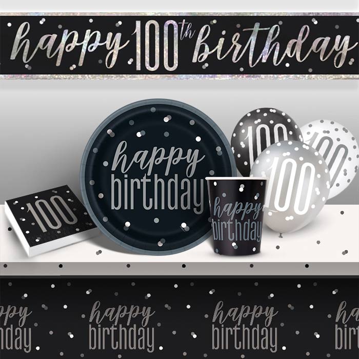 Black and Silver Holographic 100th Birthday 8 to 48 Guest Premium Party Pack - Tableware | Balloons | Decoration