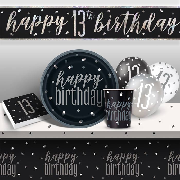 Black and Silver Holographic 13th Birthday 8 to 48 Guest Premium Party Pack - Tableware | Balloons | Decoration